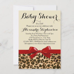 Leopard Safari Red Bow Girl Baby Shower Invitation