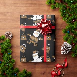 Leopard Santa Purse Pattern On Black Wrapping Paper
