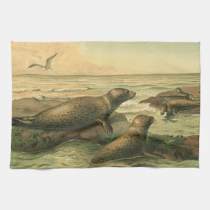 Leopard Seals, Vintage Aquatic Animals Marine Life Tea Towel