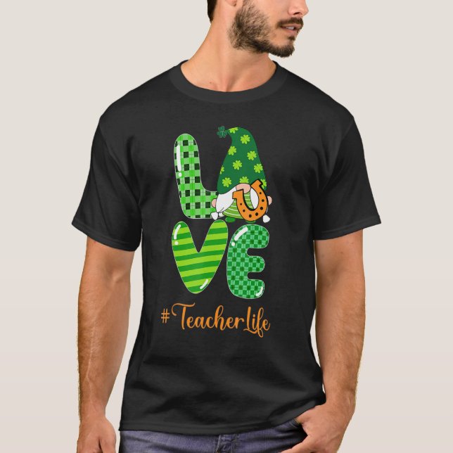 Leopard Shamrock Gnome Love Teacher Life St Patric T-Shirt (Front)