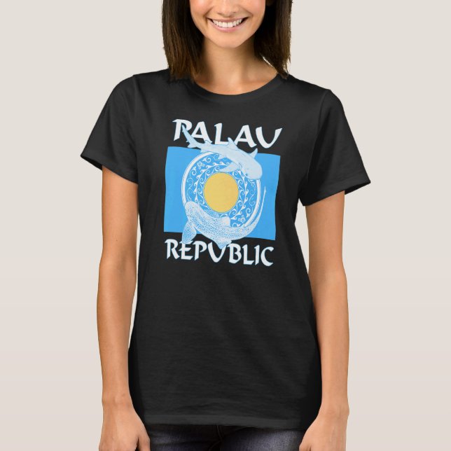 Leopard Shark Whitetip Reef Shark On Palauan Flag  T-Shirt (Front)