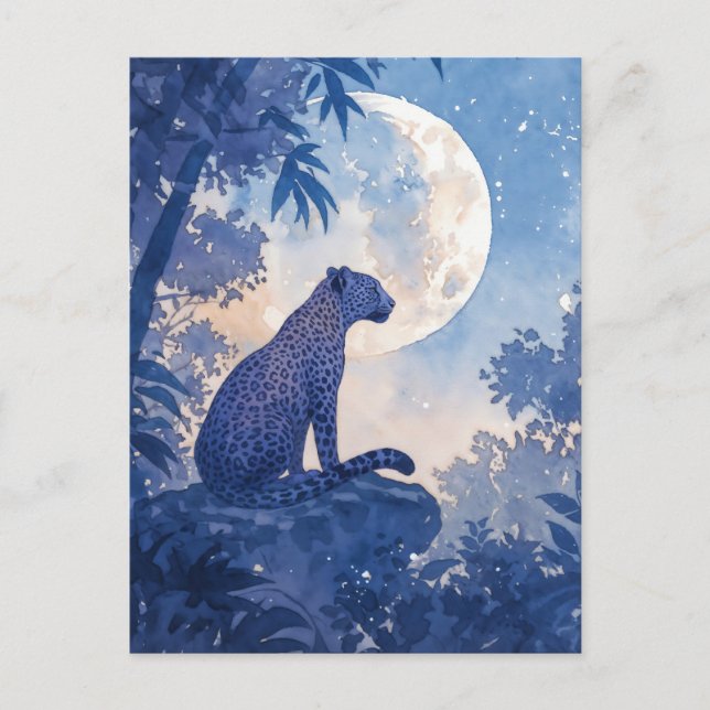 Leopard Sitting on Rock Under Glowing Full Moon Postcard (Front)