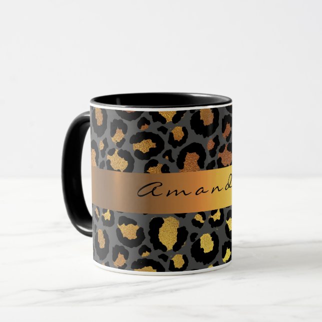 Leopard Skin Black Honey Gold Stripe Name Custom Mug (Front Left)