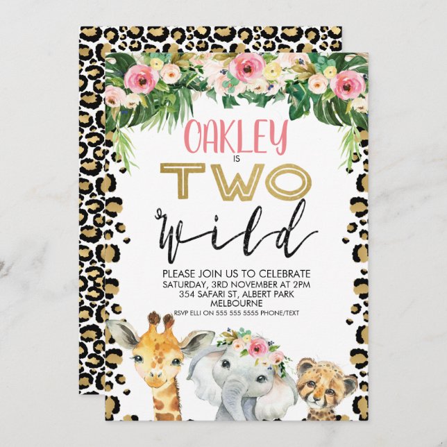 Leopard Skin Floral Two Wild Birthday Invitation (Front/Back)