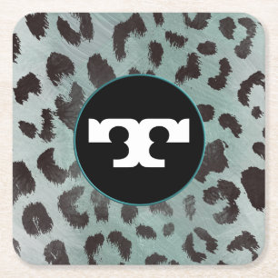 Leopard Skin in Tangerine Blue Sea Square Paper Coaster