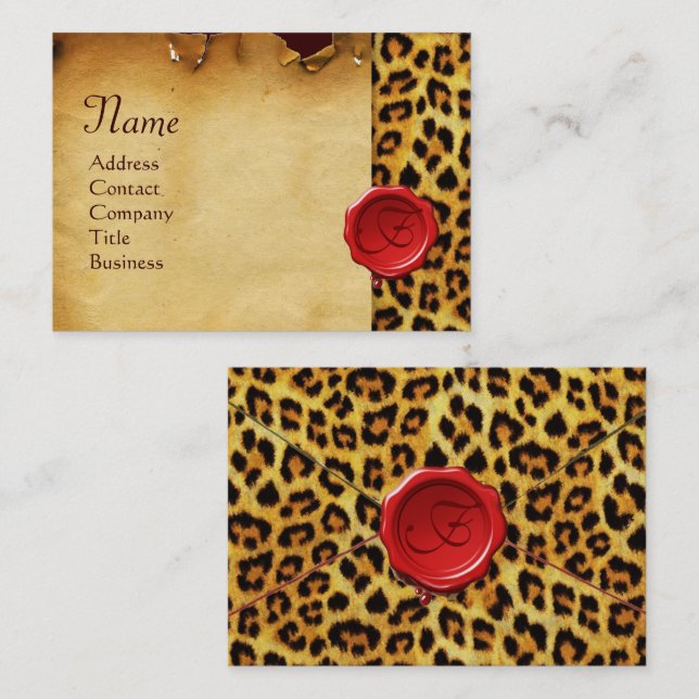 LEOPARD SKIN ,RED WAX SEAL PARCHMENT Monogram Business Card (Front/Back)