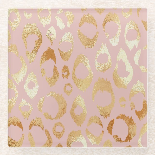 Leopard skin, rose gold texture glass coaster (Front)