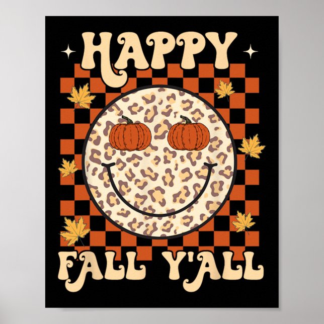 Leopard Smile Face Happy Fall Y'all Retro Groovy A Poster (Front)
