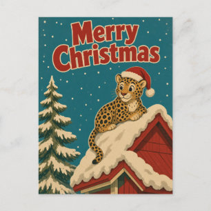 Leopard Snow Roof Animal Christmas Postcard