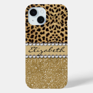 Leopard Spot Gold Glitter Rhinestone iPhone 15 Case