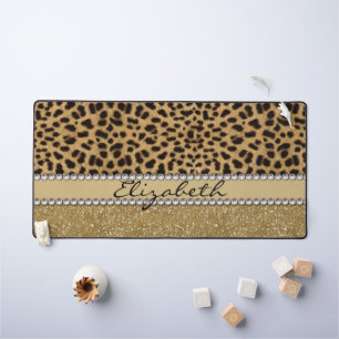 Leopard Spot Gold Glitter Rhinestone PHOTO PRINT Desk Mat