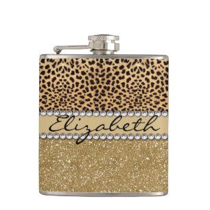 Leopard Spot Gold Glitter Rhinestone PHOTO PRINT Hip Flask