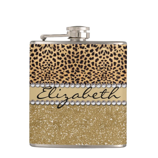 Leopard Spot Gold Glitter Rhinestone PHOTO PRINT Hip Flask (Front)