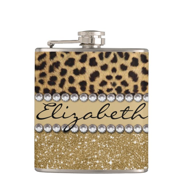 Leopard Spot Gold Glitter Rhinestone PHOTO PRINT Hip Flask (Front)