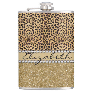 Leopard Spot Gold Glitter Rhinestone PHOTO PRINT Hip Flask