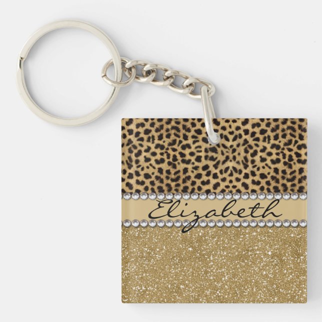 Leopard Spot Gold Glitter Rhinestone PHOTO PRINT Key Ring (Front)