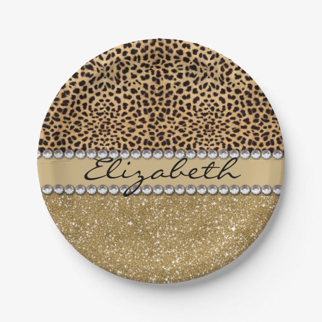Leopard Spot Gold Glitter Rhinestone PHOTO PRINT Paper Plate (Front)