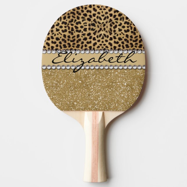 Leopard Spot Gold Glitter Rhinestone PHOTO PRINT Ping Pong Paddle (Front)