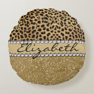 Leopard Spot Gold Glitter Rhinestone PHOTO PRINT Round Cushion