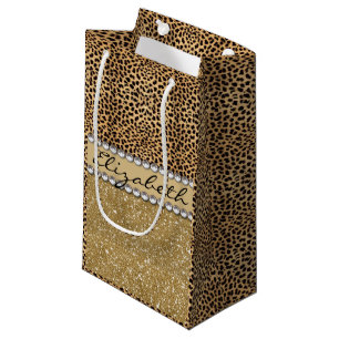 Leopard Spot Gold Glitter Rhinestone PHOTO PRINT Small Gift Bag