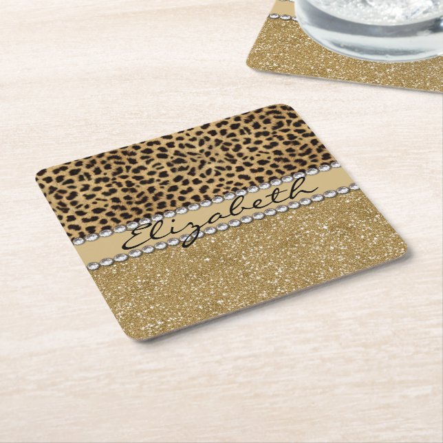 Leopard Spot Gold Glitter Rhinestone PHOTO PRINT Square Paper Coaster (Angled)
