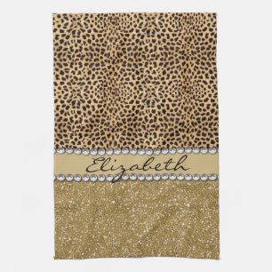 Leopard Spot Gold Glitter Rhinestone PHOTO PRINT Tea Towel
