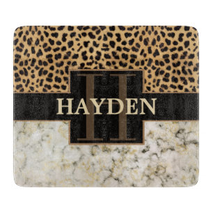 Leopard Spot Marble Monogram Name Cutting Board