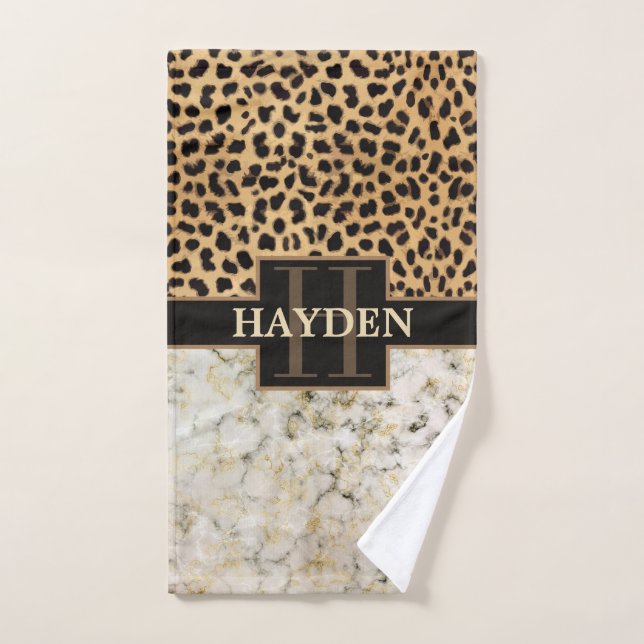 Leopard Spot Marble Monogram Name Hand Towel (Hand Towel)