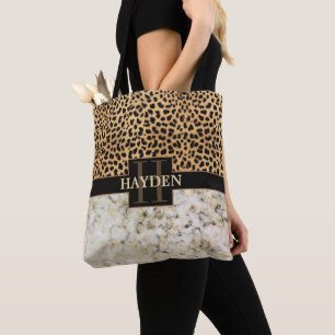 Leopard Spot Marble Monogram Name Tote Bag