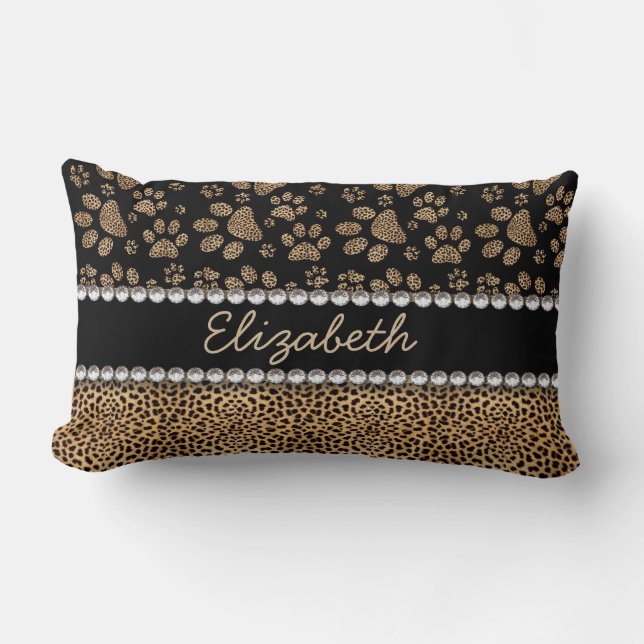 Leopard Spot Paw Prints Rhinestone PHOTO PRINT Lumbar Cushion (Front)