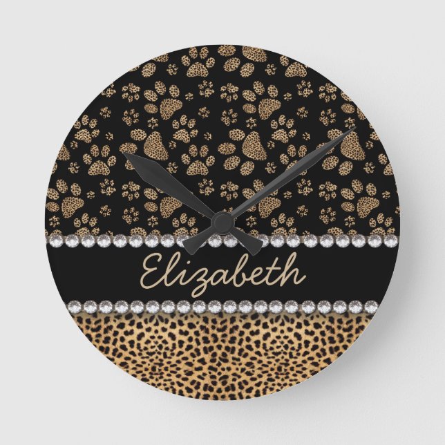 Leopard Spot Paw Prints Rhinestone PHOTO PRINT Round Clock (Front)