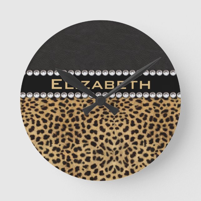 Leopard Spot Rhinestone Diamonds Monogram PHOTO Round Clock (Front)