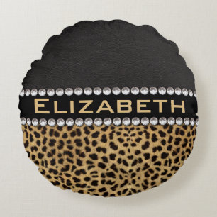 Leopard Spot Rhinestone Diamonds Monogram PHOTO Round Cushion