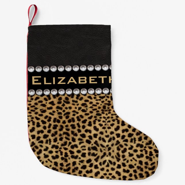 Leopard Spot Rhinestone Diamonds Monogram PHOTO Small Christmas Stocking (Front)