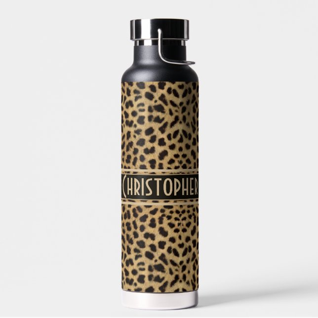 Leopard Spot Skin Print Personalised Water Bottle (Left)