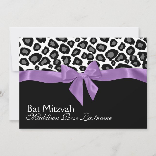 Leopard Spots and Purple Ribbon Bat Mitzvah Invitation (Front)