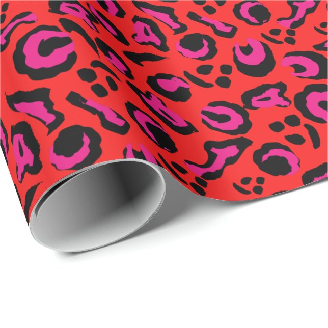 Leopard Spots Animal Skin Abstract Pink Red Black Wrapping Paper (Roll Corner)