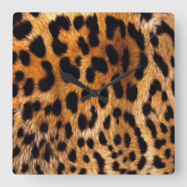 Leopard Spots Black Brown Wild Animal Fine Art Square Wall Clock (Front)