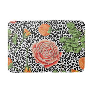 Leopard Spots Orange Floral Animal Pattern Bath Mat