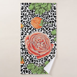 Leopard Spots Orange Floral Animal Pattern Bath Towel