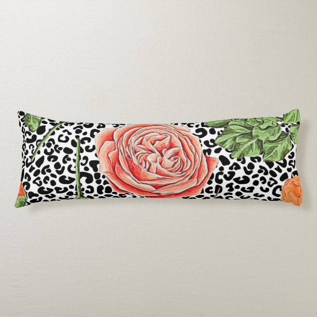 Leopard Spots Orange Floral Animal Pattern Body Cushion (Front)