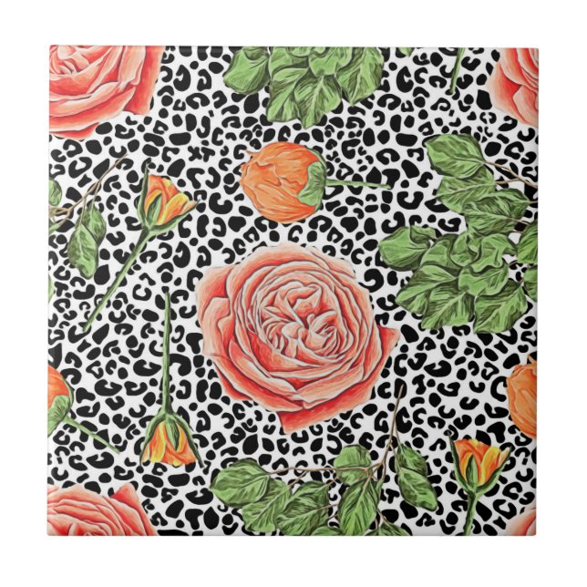 Leopard Spots Orange Floral Animal Pattern Ceramic Tile (Front)