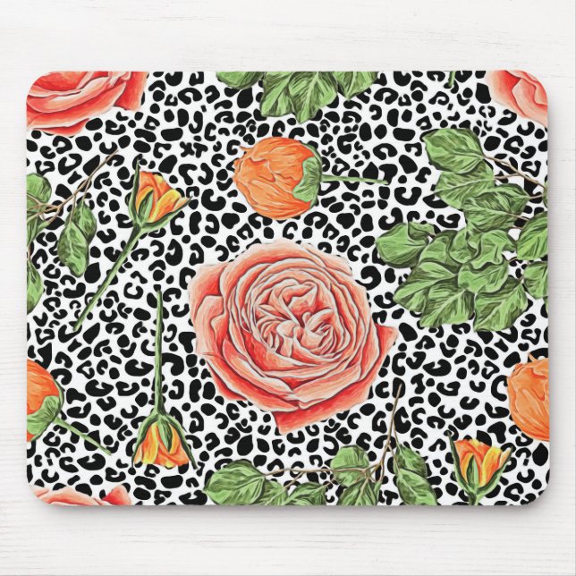 Leopard Spots Orange Floral Animal Pattern Mouse Pad (Front)