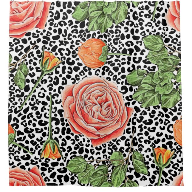 Leopard Spots Orange Floral Animal Pattern Shower Curtain (Front)