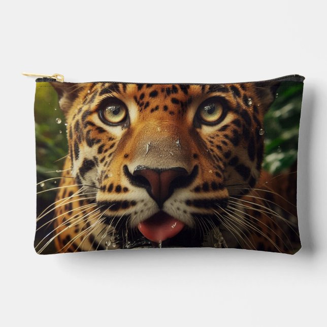 Leopard Stares While Lapping Water in Jungle  Accessory Pouch (Front)