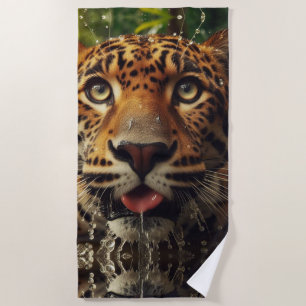 Leopard Stares While Lapping Water in Jungle Beach Towel