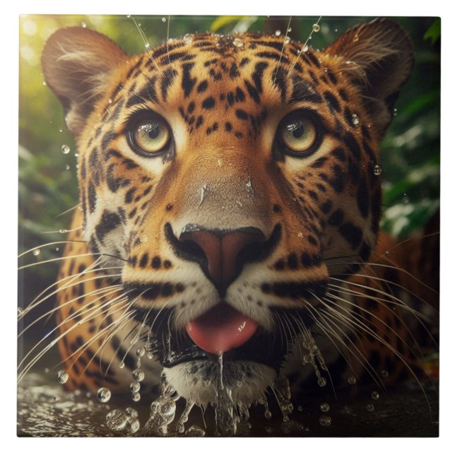 Leopard Stares While Lapping Water in Jungle  Ceramic Tile (Front)