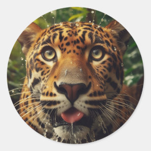 Leopard Stares While Lapping Water in Jungle Classic Round Sticker