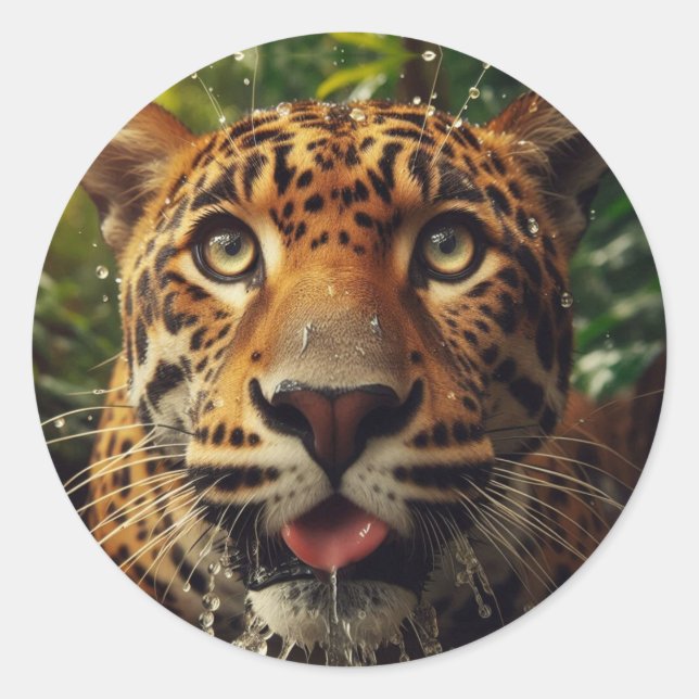Leopard Stares While Lapping Water in Jungle  Classic Round Sticker (Front)