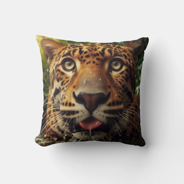 Leopard Stares While Lapping Water in Jungle  Cushion (Front)